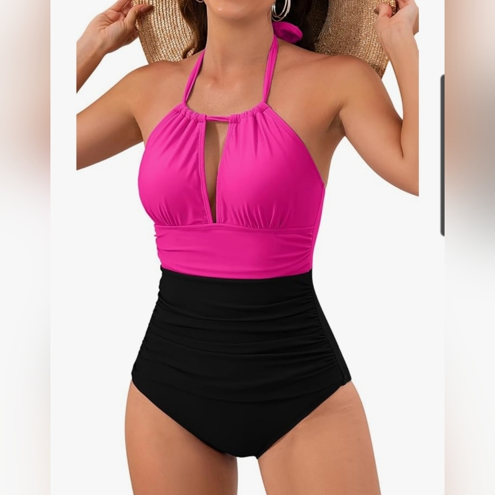 Pink and Black Women's One Piece Swimsuit